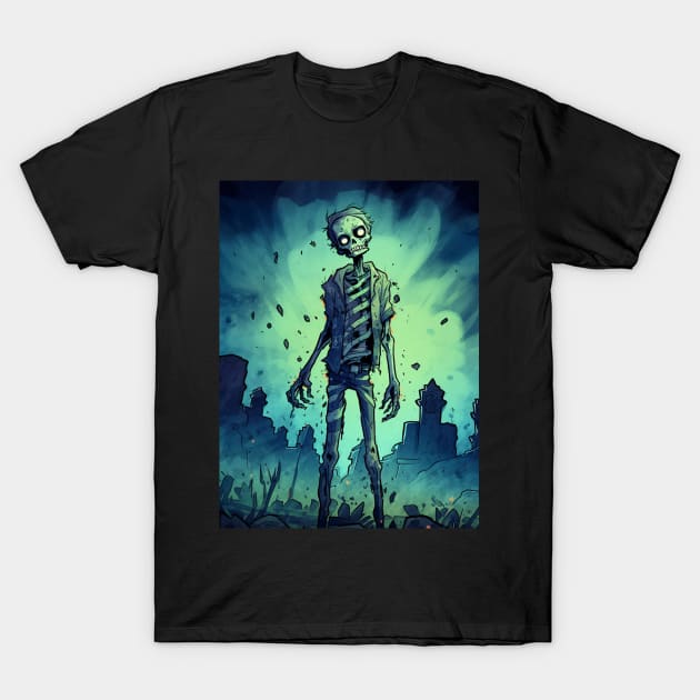 Funny Comical Halloween Zombie on an Eerie Graveyard Background T-Shirt by designs4days